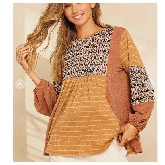 #26 Long Sleeves Color Block Boho Chic Floral Top - Picture 2 of 6